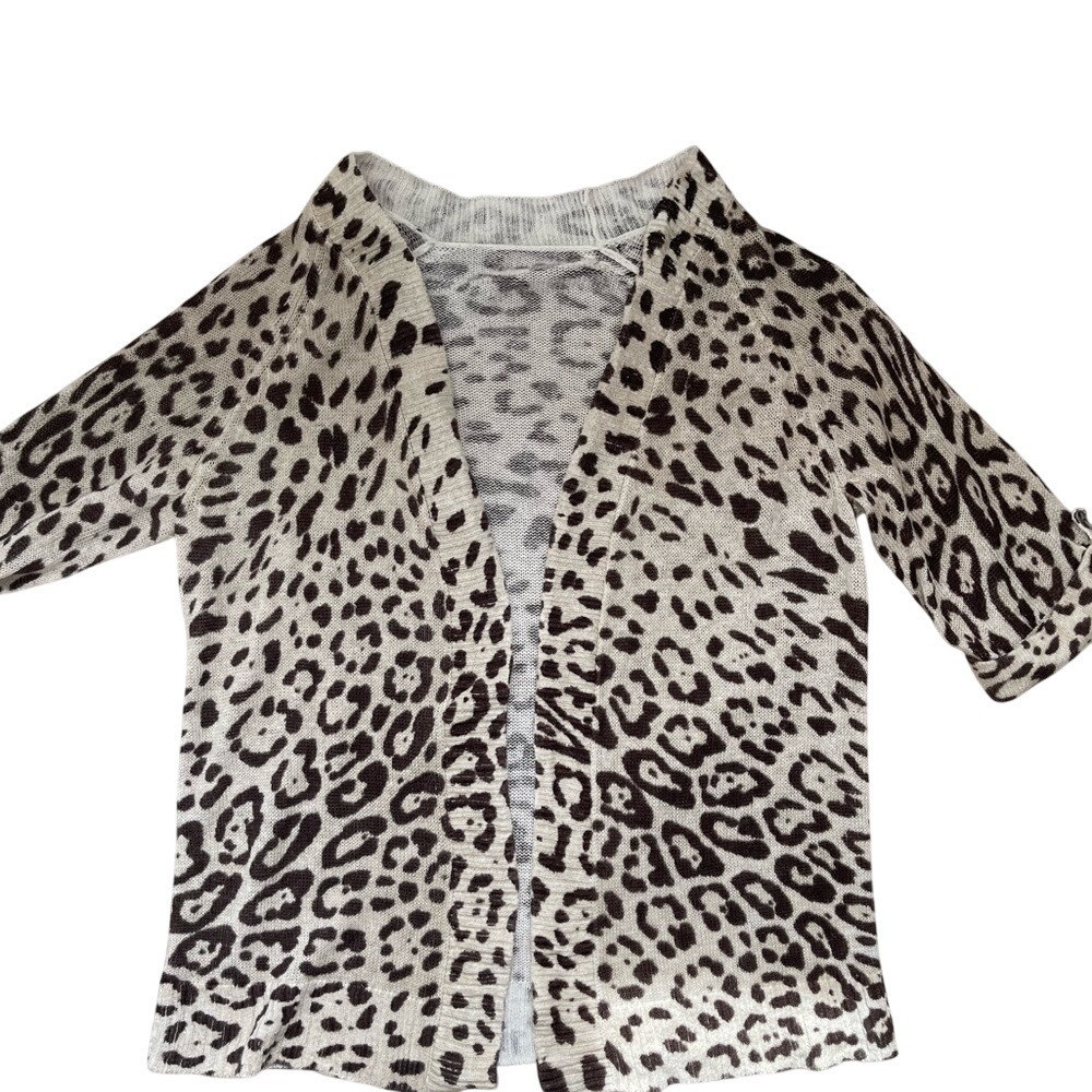 Leopard Print Open-Front Women's Sweater Cardigan - Cream and Brown‎ One Size